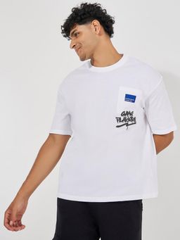 Styli - Men White Pure Cotton Puff Print Oversized T-Shirt