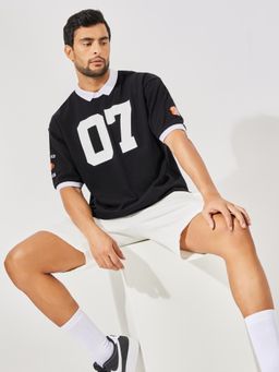 Styli - Men Black Print & Sleeve Badge Detailpique Knit Oversized Polo T-Shirt