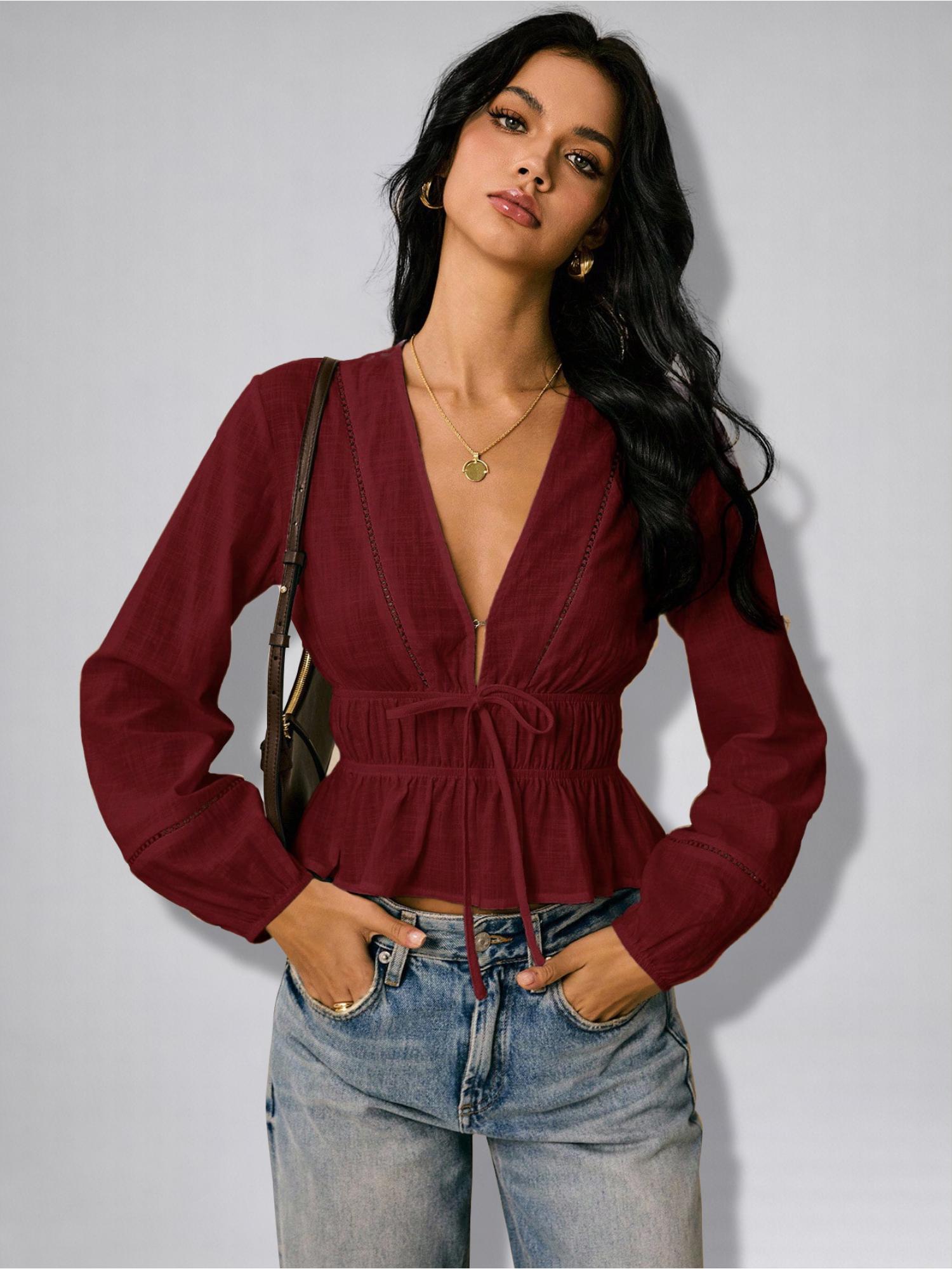 Womens Maroon Solid Drawstring Waist Peplum Top-picture-18