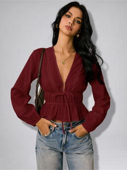 Twenty Dresses by Nykaa Fashion - Womens Maroon Solid Drawstring Waist Peplum Top