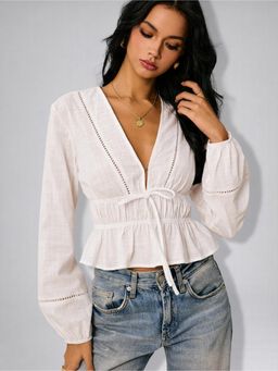 Twenty Dresses by Nykaa Fashion - Womens White Solid Deep Drawstring Waist Ruffle Hem Peplum Top