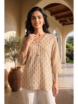 Aurelia - Women Beige Floral Pure Cotton Kurti
