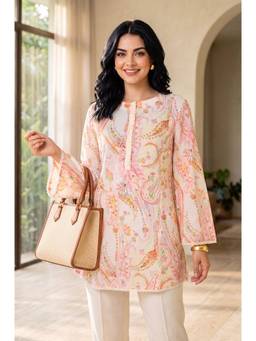 W - Off White Floral Pure Cotton Kurti