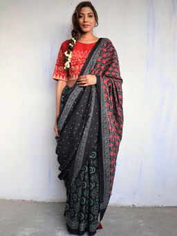 Chidiyaa - God Black Blockprinted Cotton Mul Saree