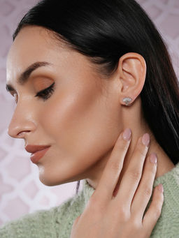 Aatmana - Silver-Toned Rhodium-Plated CZ-Studded Fan Shaped Stud Earrings