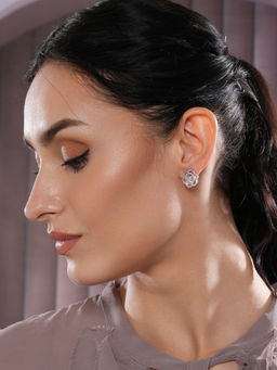 Aatmana - Silver-Plated American Diamond Studded Floral Stud Earrings