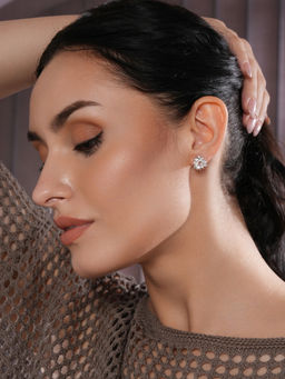 Aatmana - Silver-Plated CZ Studded Triangular Floral Studs Earrings