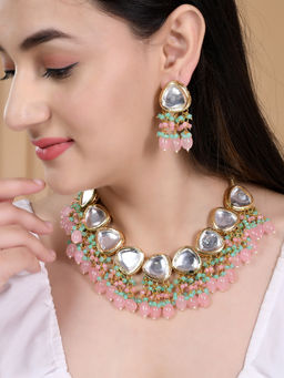 Silvermerc Designs - Pink & Green Beads Gold-Plated Kundan Necklace Set