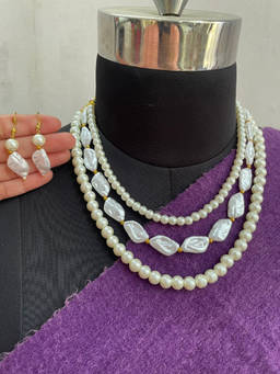 ISHKAARA - White Pearl Triple Layered Necklace with Earrings Set