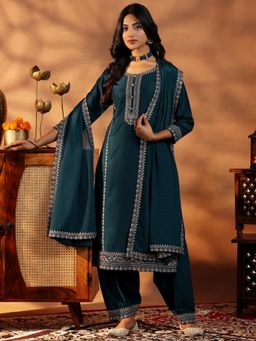 Libas - Teal Embroidered Kurta with Salwar and Dupatta (Set of 3)