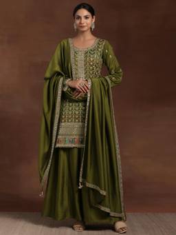 Libas - Adaa Olive Embroidered Kurta with Palazzo and Dupatta (Set of 3)