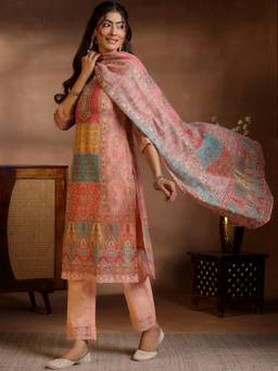 Libas - Peach Linen Printed Kurta Sets for Women