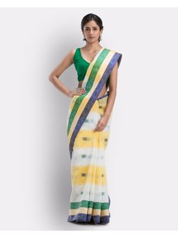 Angoshobha - Box Check Tant Pure Cotton Saree -White, Yellow