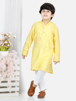 Kinder Kids - Yellow Kurta with Gold Jaquard Printed Bird & White Cotton Pajama (Set of 2)