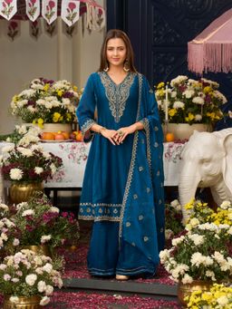 MOKOSH - Teal Embroidered Tailored Anarkali Kurta Palazzo with Dupatta