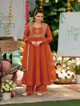 MOKOSH - Orange Embroidered Silk Anarkali Kurta with Palazzo and Dupatta