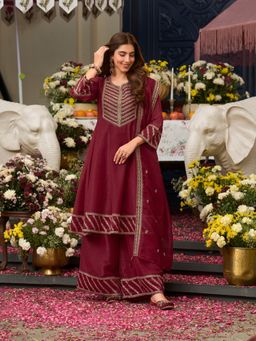 MOKOSH - Red Embroidered Silk Anarkali Kurta with Palazzo and Dupatta
