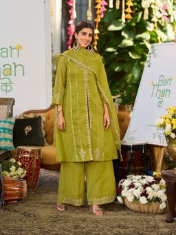 MOKOSH - Green Embroidered Silk Anarkali Kurta with Palazzo and Dupatta