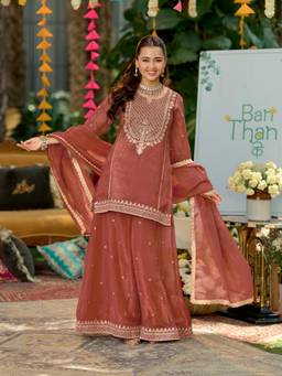 MOKOSH - Orange Embroidered Silk Kurti with Palazzo and Dupatta
