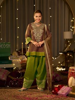 MOKOSH - Women Rust Embroidered Silk Peplum Kurti with Salwar and Dupatta