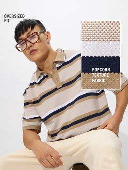 The Souled Store - Originals Stripes: Cream and Black Men Oversized Polo T-Shirt