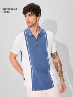 The Souled Store - Originals Colourblock: White and Blue Men Regular Zipper Polo T-Shirt