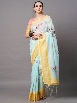 Odette - Blue Festive Linen Blend Printed Saree with Unstitched Blouse