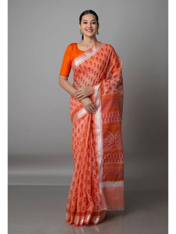 Unnati Silks - Orange Pure Block Printed Kota Cotton Saree with Unstitched Blouse