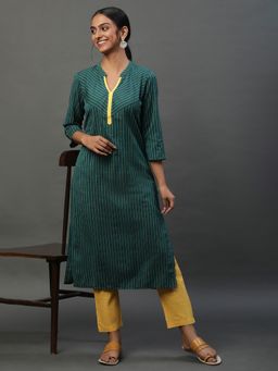Aurelia - Teal Green Band Collar Printed Kurta