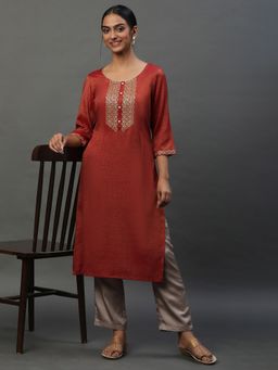 Aurelia - Red Yarn Dyed Embellished Kurta