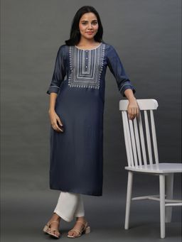 Aurelia - Blue Denim Embroidered Yoke Kurta