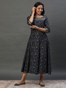 Aurelia - Navy Blue A-line Floral Printed Embellished Kurta