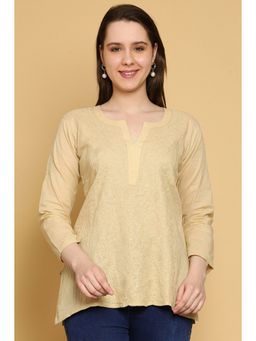 ADA - Hand Embroidered Lucknowi Chikankari Side Pleated Beige Cotton Kurti