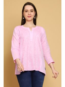 ADA - Hand Embroidered Lucknowi Chikankari Side Pleated Pink Cotton Kurti