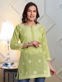 ADA - Women Ethnic Motifs Hand Embroidered Lucknow Chikankari Pear Green Cotton Kurti