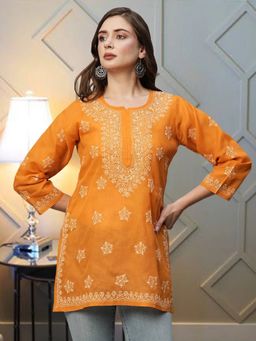 ADA - Women Ethnic Motifs Hand Embroidered Chikankari Orange Cotton Kurti