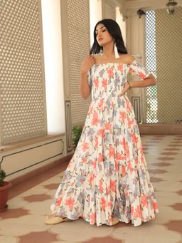 Indian Virasat - Radiant Ivory Petal Anarkali Maxi Dress