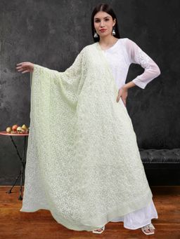Seva Chikan - Hand Embroidered Lucknowi Chikankari Green Georgette Tepchi Work Dupatta