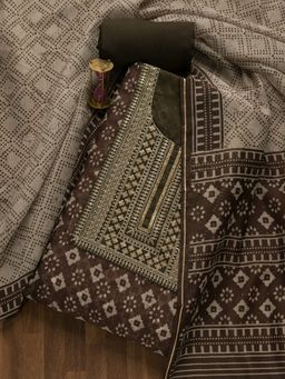 Koskii - Brown & Mehendi Threadwork Cotton Unstitched Salwar Suit (Set of 3) (Set of Three)
