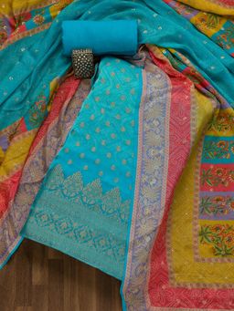 Koskii - Sky Blue Zariwork Semi Crepe Unstitched Salwar Suit (Set of 3) (Set of Three)