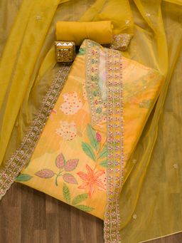 Koskii - Yellow Printed Cotton Blend Unstitched Salwar Suit (Set of 3) (Set of Three)