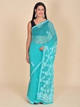 Hella Fashions - Green Georgette Chikankari Saree with Unstitched Blouse