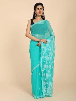 Hella Fashions - Blue Georgette Chikankari Saree with Unstitched Blouse