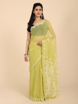 Hella Fashions - Lime Green Georgette Chikankari Saree with Unstitched Blouse