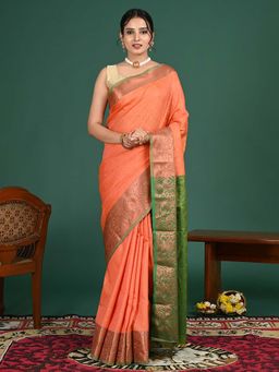 Hella Fashions - Orange South Art Silk Saree with Unstitched Blouse