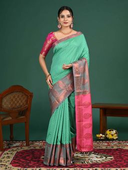 Hella Fashions - Sea Green South Art Silk Saree with Unstitched Blouse