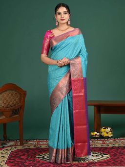Hella Fashions - Turquoise South Art Silk Saree with Unstitched Blouse