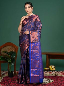 Hella Fashions - Royal Blue South Art Silk Saree with Unstitched Blouse