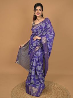 Hella Fashions - Blue Kota Semi Cotton Saree with Unstitched Blouse
