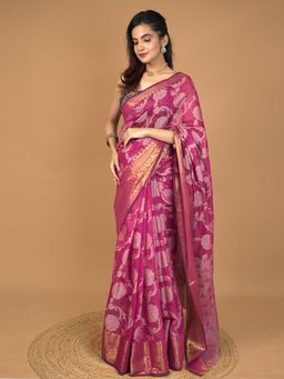 Hella Fashions - Magenta Kota Semi Cotton Saree with Unstitched Blouse